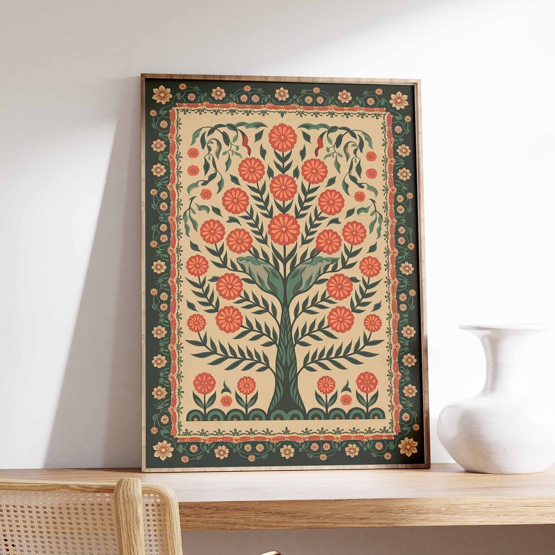 Burnt Orange Indian Tree of Life Leafy Green Border Poster Bloom Art