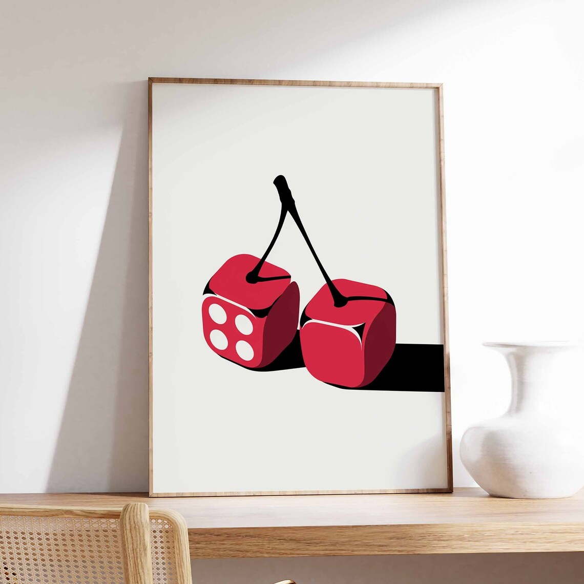 Pair of Red Dice Cherry Stems Retro Minimalist Pop Art Poster