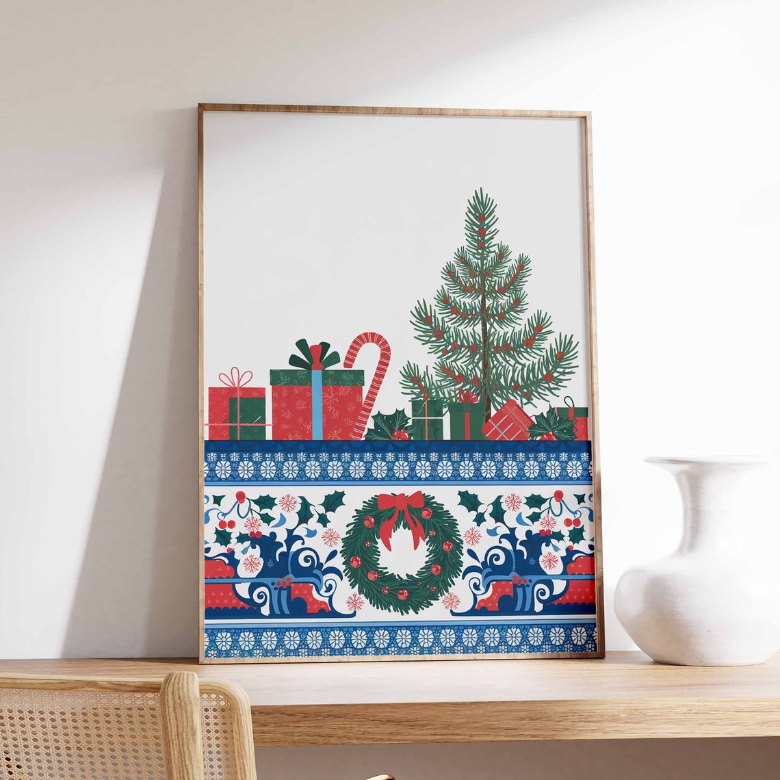 Red Green Folk Christmas Tile Tree Wreath Candy Cane Art Poster