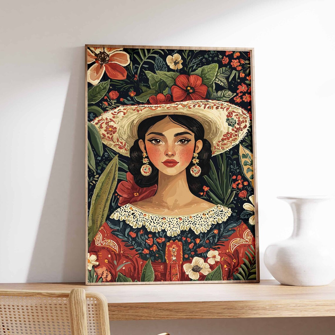Elegant Latina Woman Straw Hat Lace Collar Dark Floral Art Poster