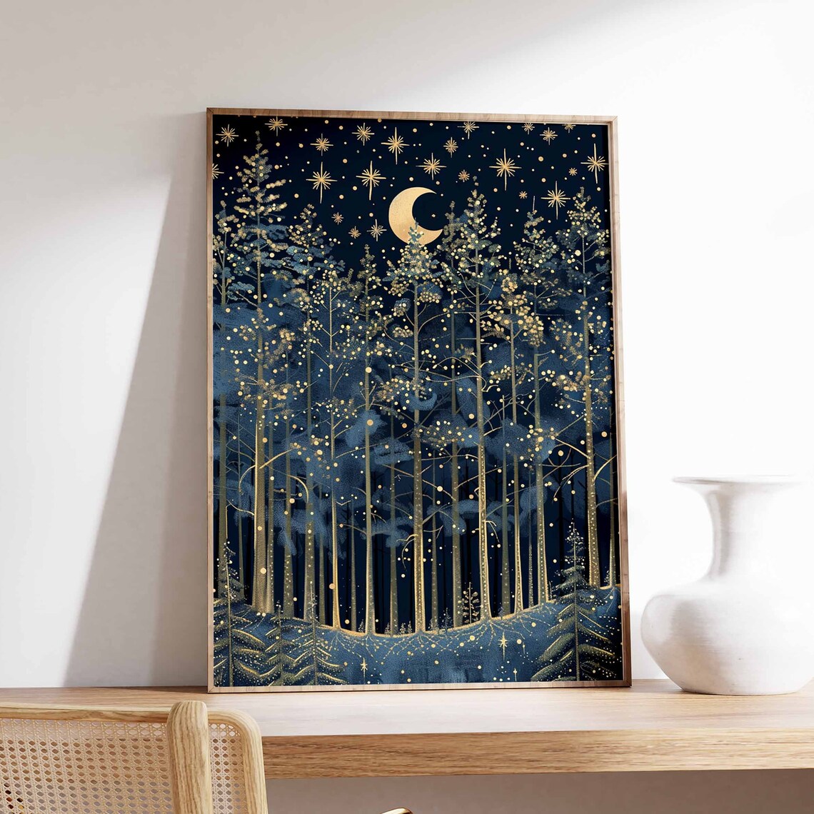 Elegant Navy And Gold Winter Forest Night With Crescent Moon Poster