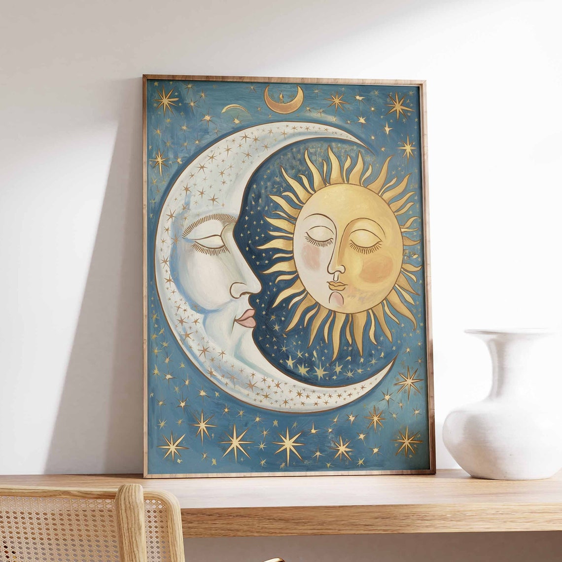 Romantic Crescent Moon Hugging Sun Vintage Celestial Art Poster
