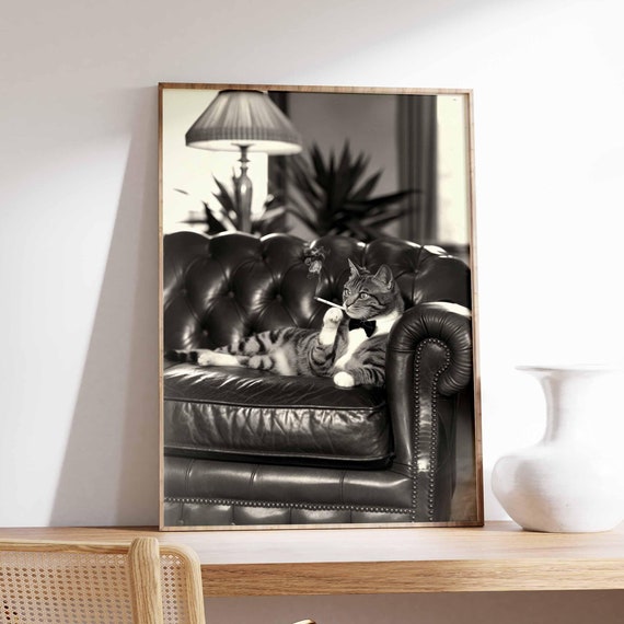 Funny Smoking Cat Poster Cat Print Surreal Poster Photographic Art Funny Print Surrealist Art Animal Print Retro Decor Animal Gift