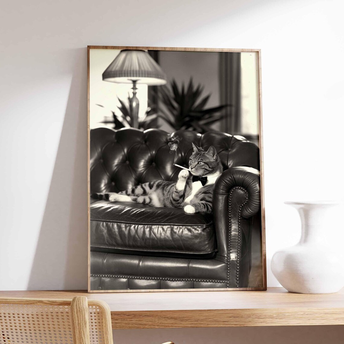 Dapper Cat with Cigarette Holder Black Bow Tie Surreal Cat Poster