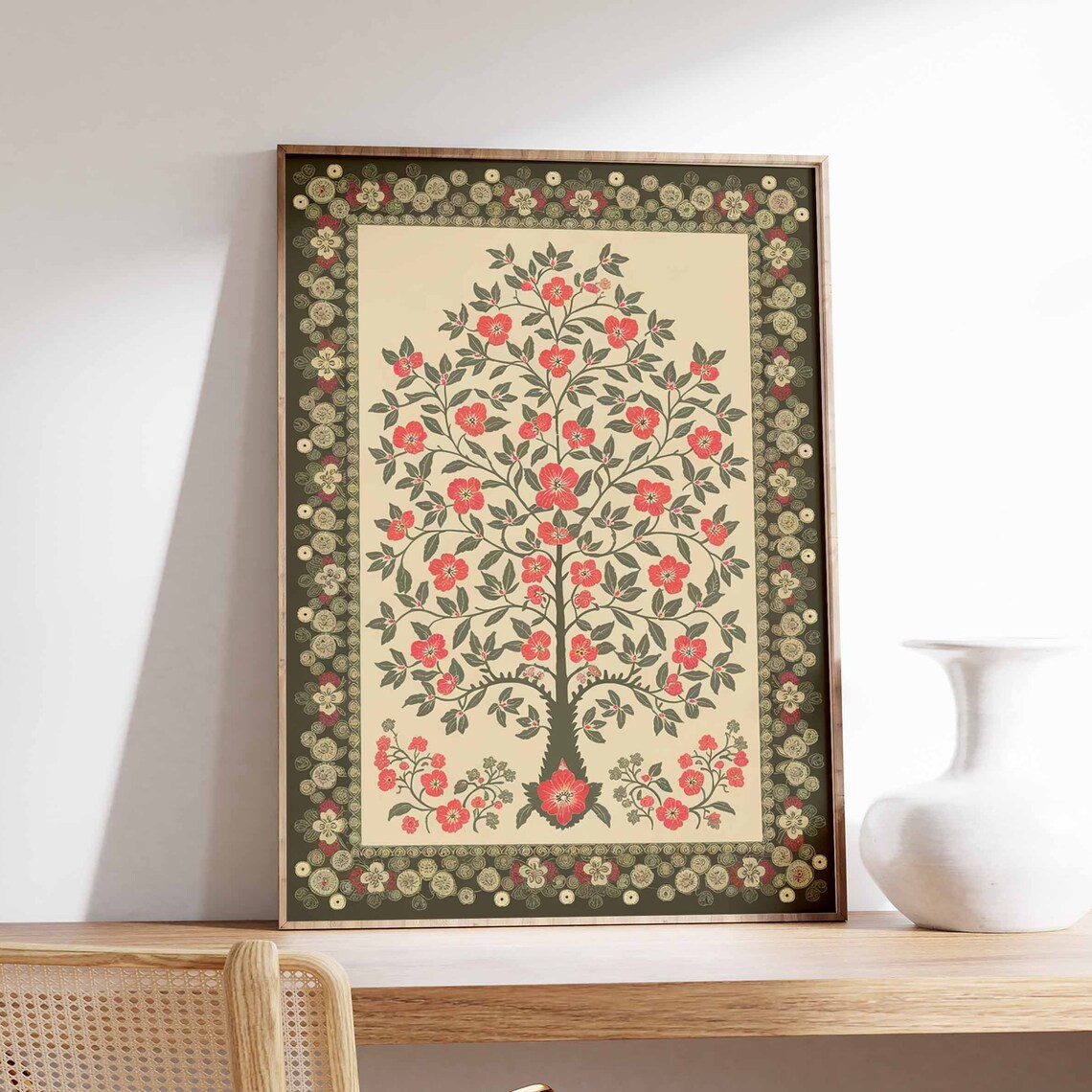 Red Blossom Indian Tree of Life Medallion Border Poster Folk Art Gift