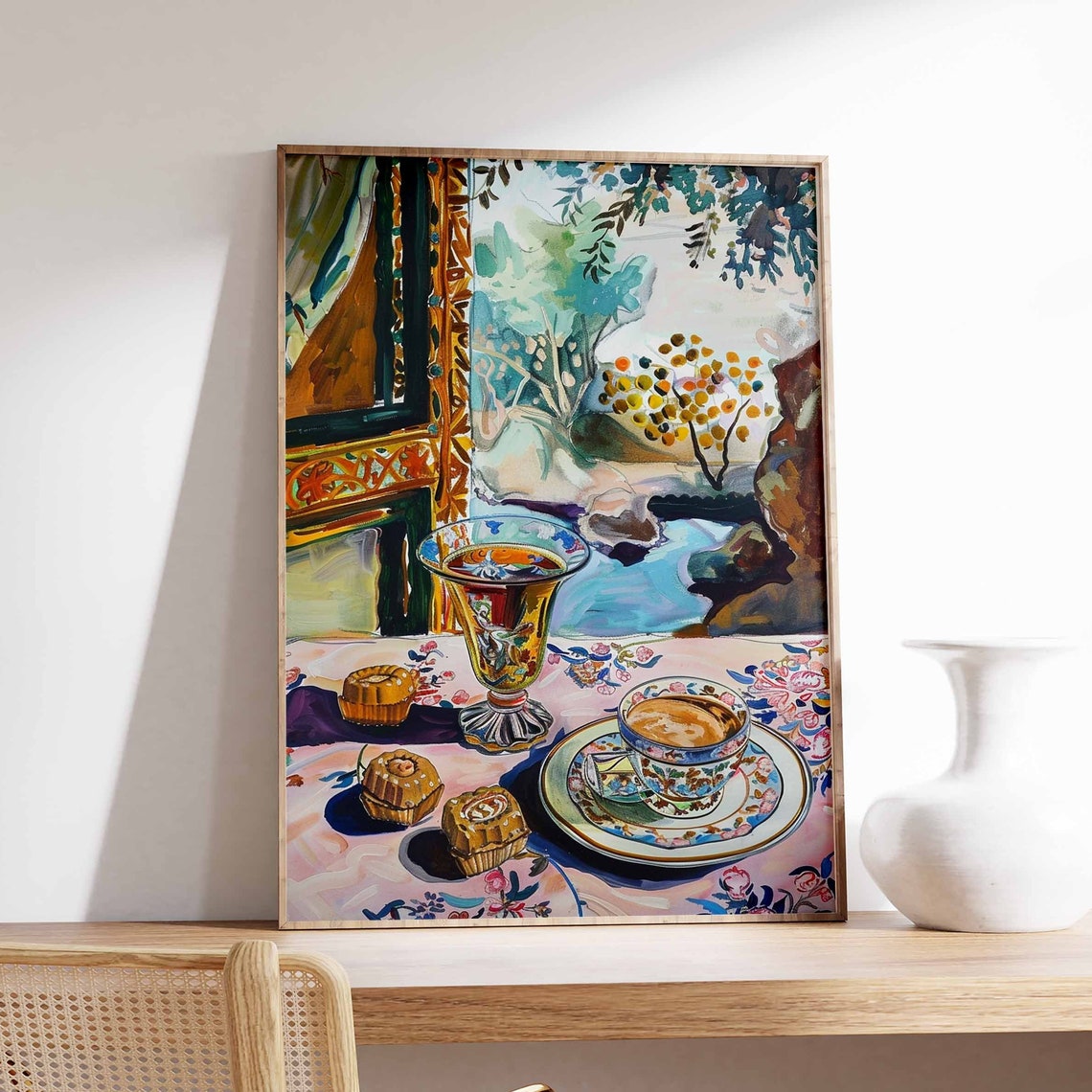 Painted Tea Glass Sweet Buns Riverside Hills View Still Life Poster