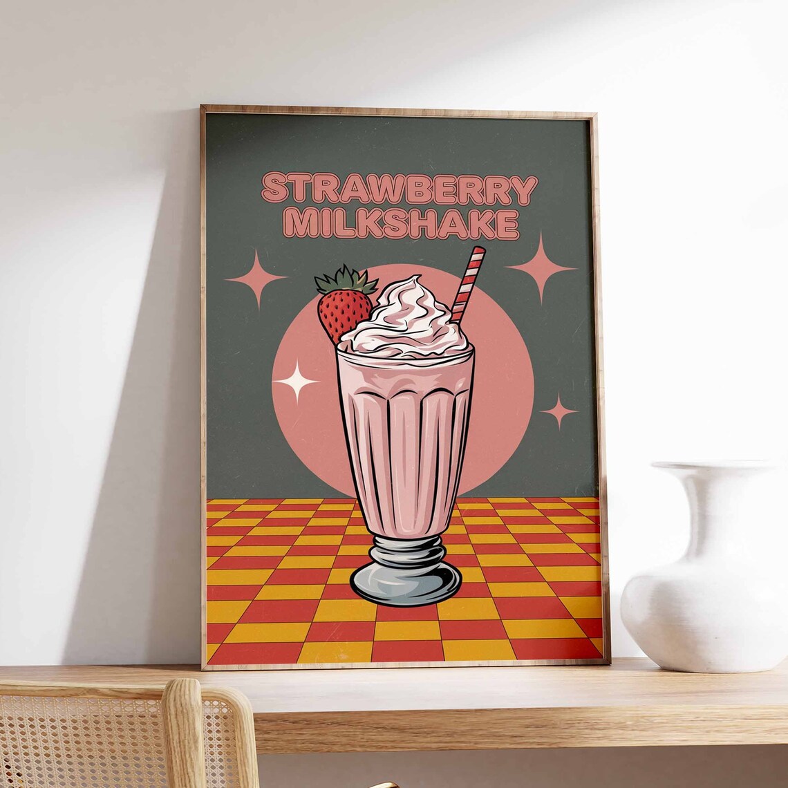 Strawberry Milkshake Retro Teal Starburst Diner Kitchen Poster