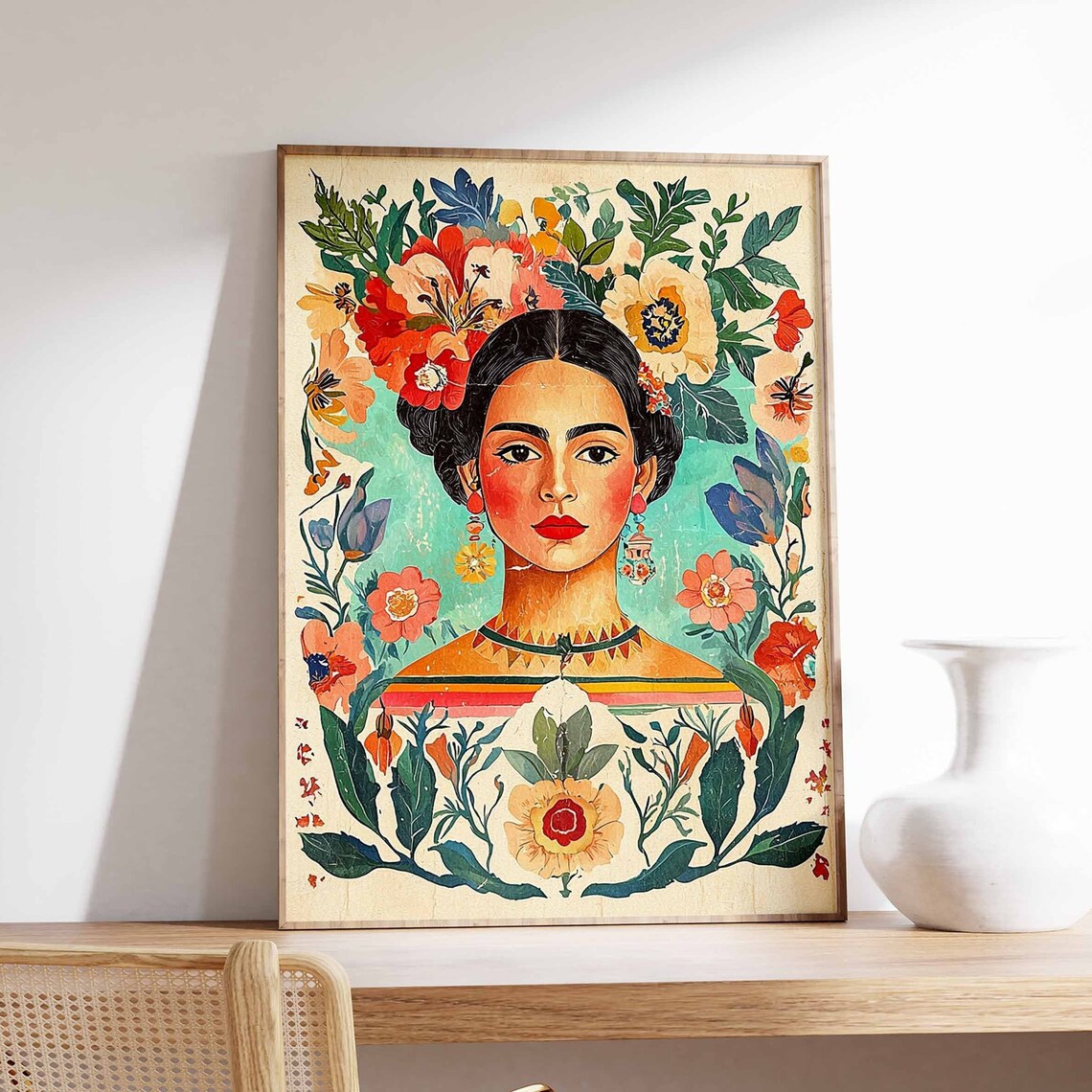 Charming Latina Woman Flower Crown Turquoise Folk Art Poster
