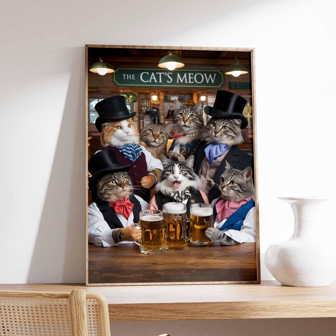 The Cat's Meow Pub Sign Cats in Top Hats with Beer Funny Poster