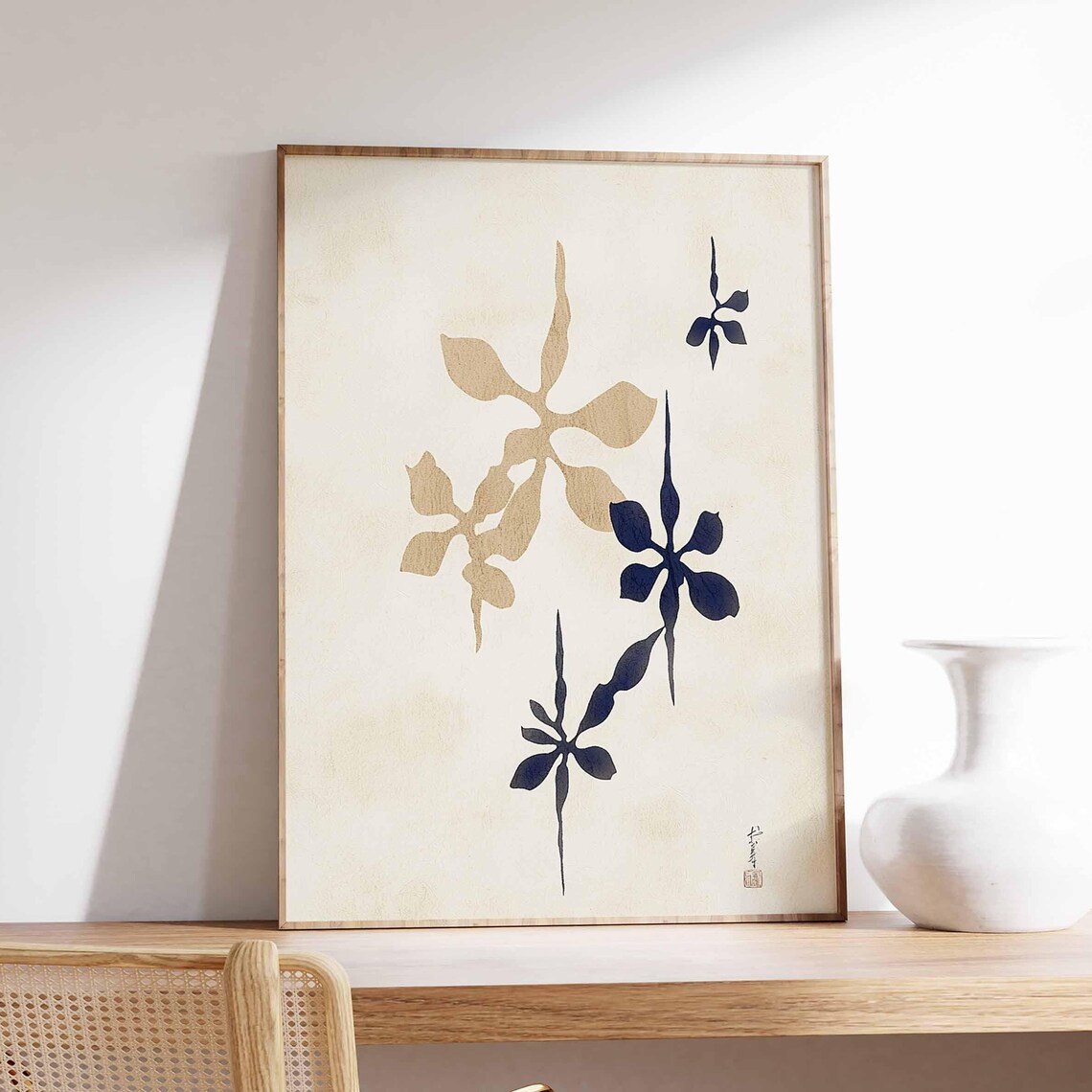 Japanese Navy Blue Floral Sprigs Minimalist Botanical Art Poster