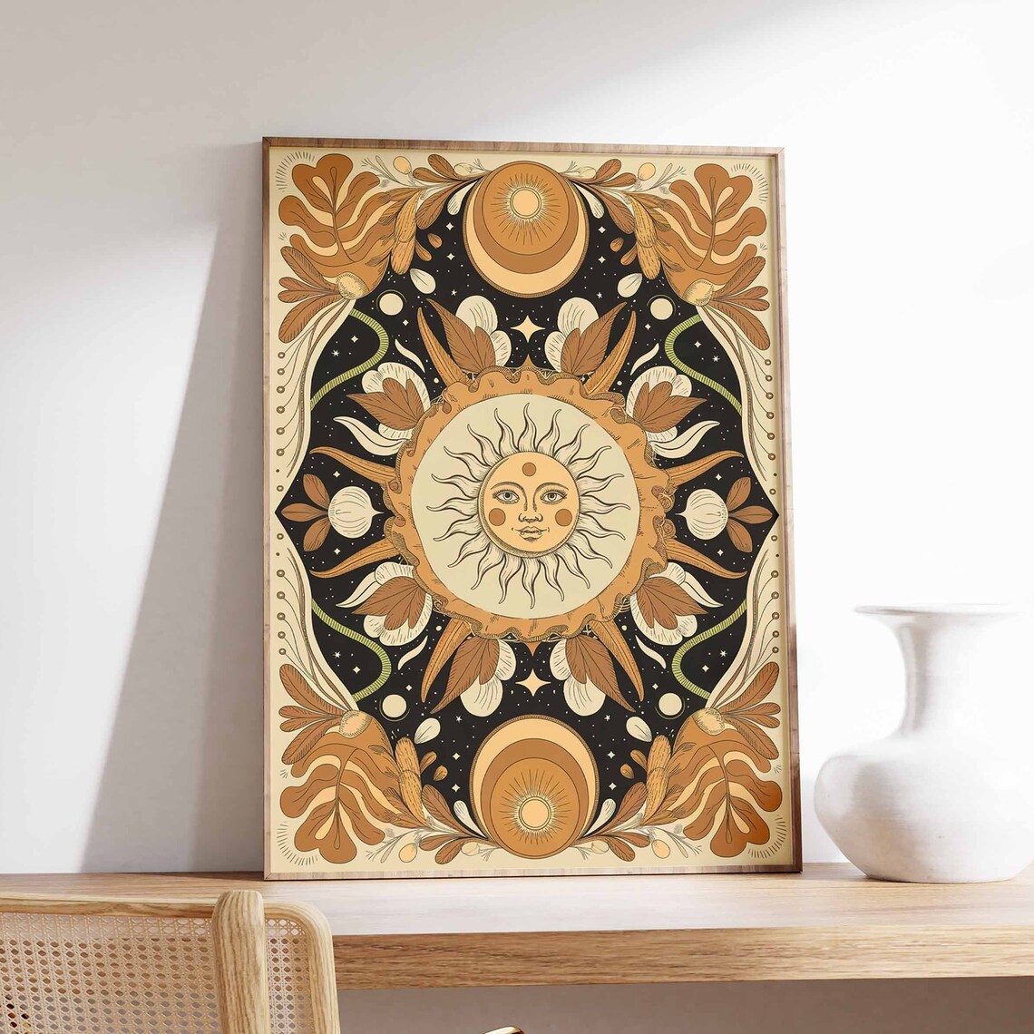 Sun Face Art Deco Floral Celestial Boho Spiritual Illustration Poster