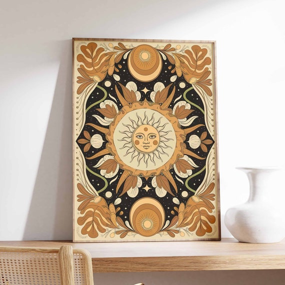 Sun And Moon Poster Celestial Poster Spiritual Decor Vintage Poster Retro Print 70s Poster Boho Poster Mystical Art Meditation Art