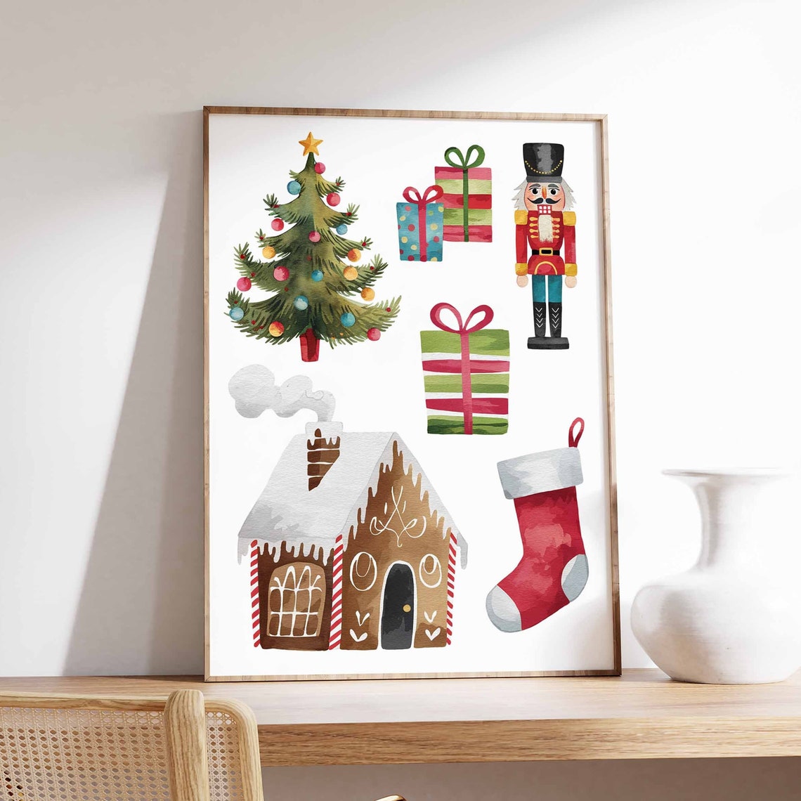 Watercolor Christmas Icons Tree Nutcracker Gingerbread Art Poster