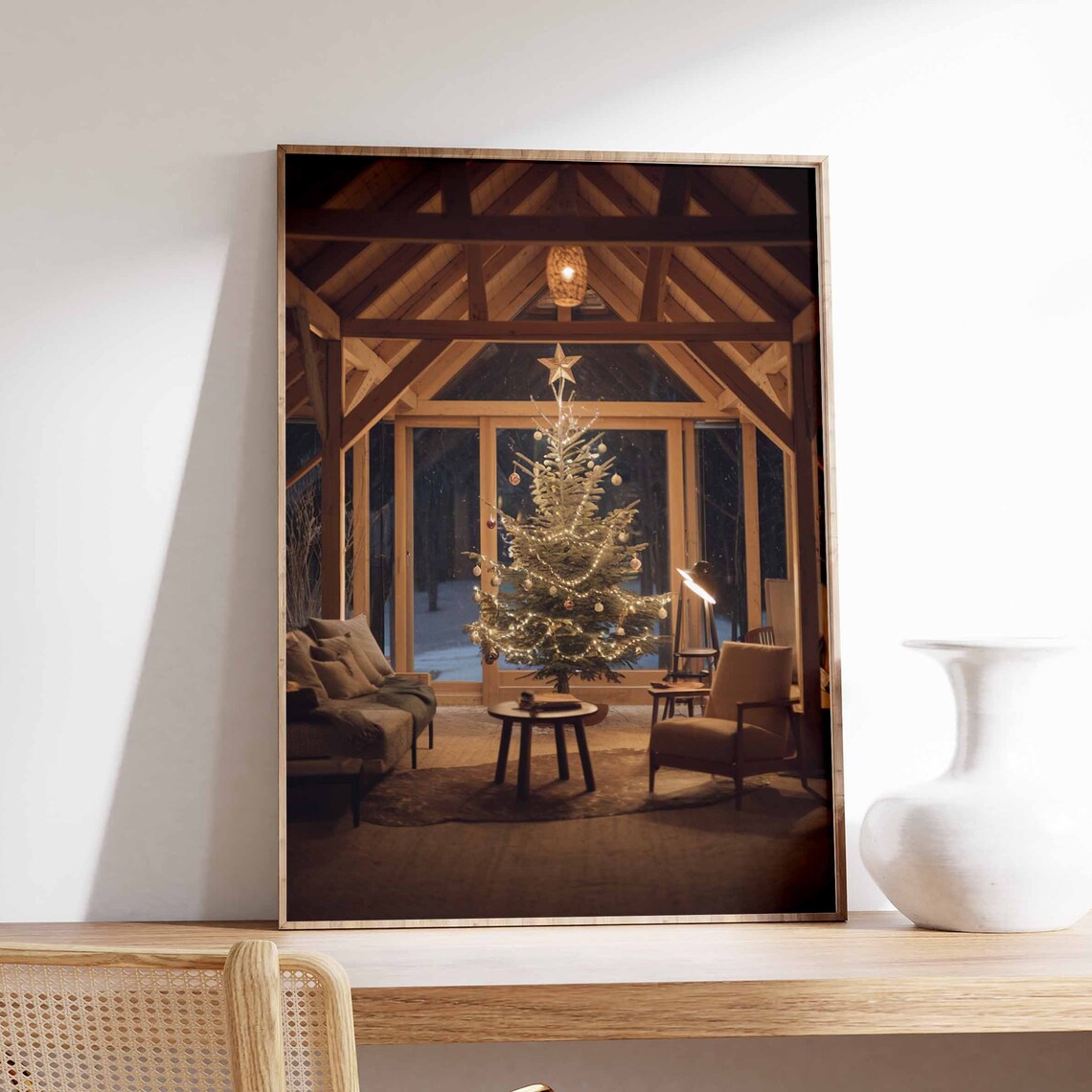 Cozy Cabin Christmas Tree Night Vintage Farmhouse Photo Poster