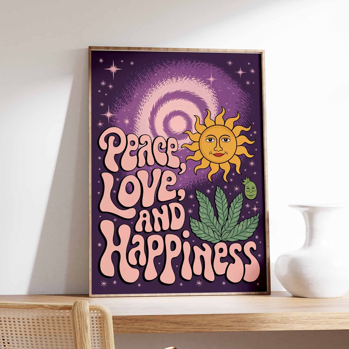 Peace Love and Happiness Purple Galaxy Retro Sun Starry Poster