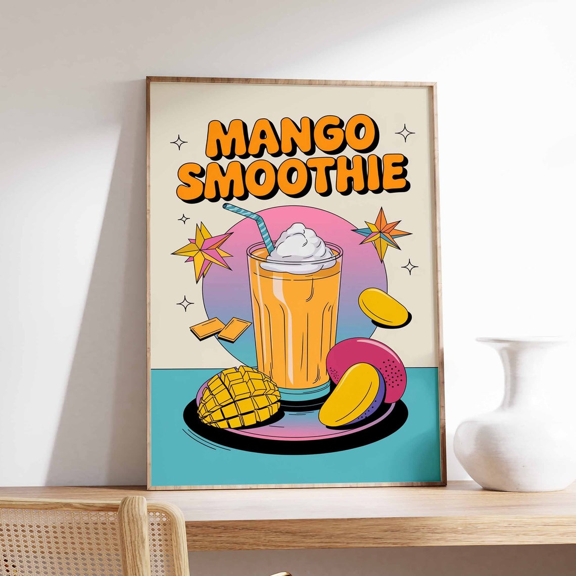 Mango Smoothie Playful Tropical Retro Starburst Kitchen Poster