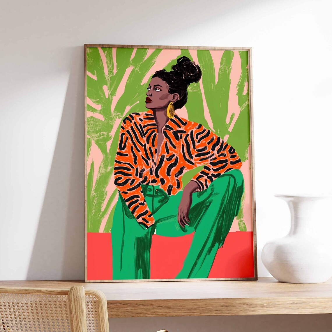 Woman in Tiger Stripe Blouse and Green Pants Colorful Art Poster