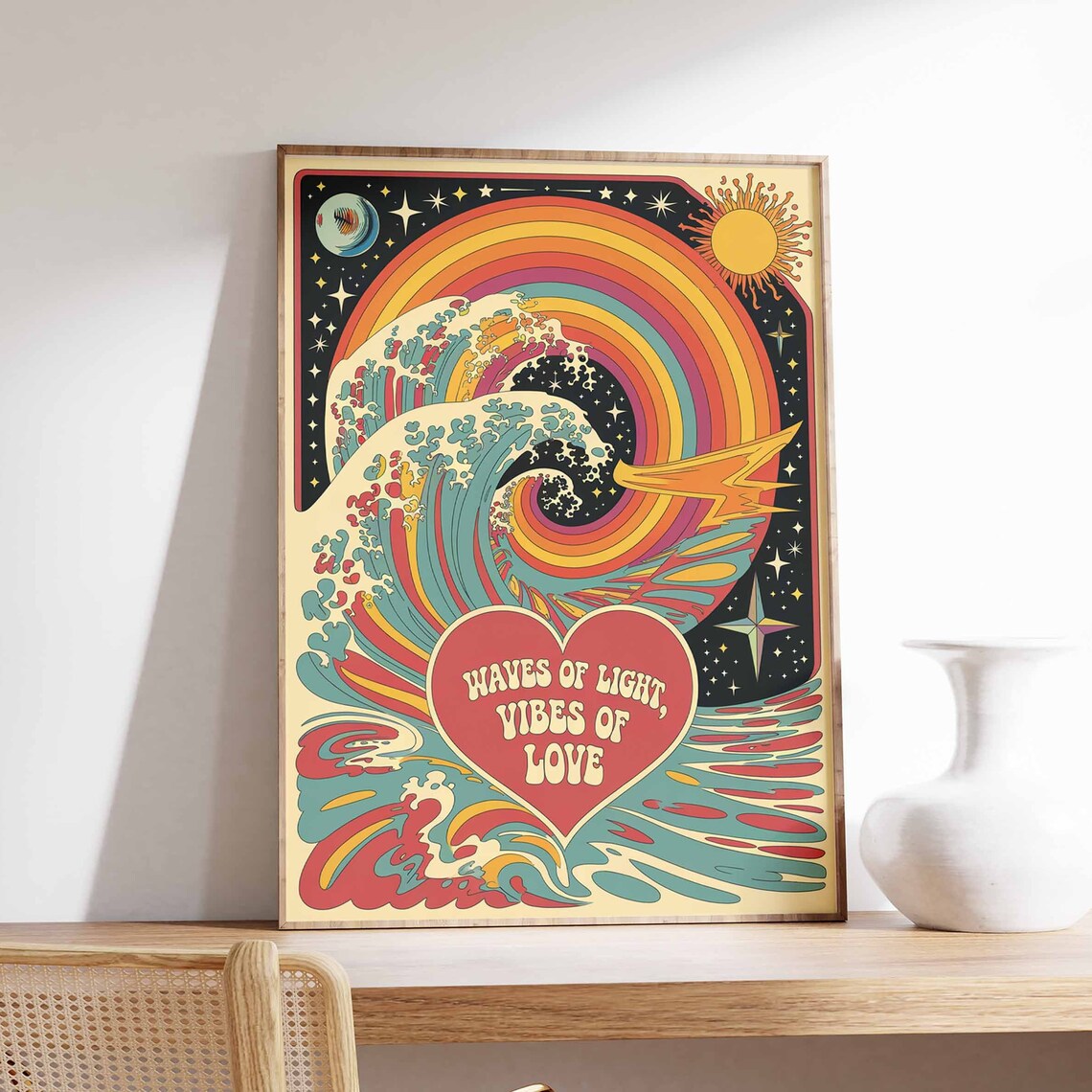 Waves Of Light Vibes Of Love Heart Retro 70s Quote Art Poster