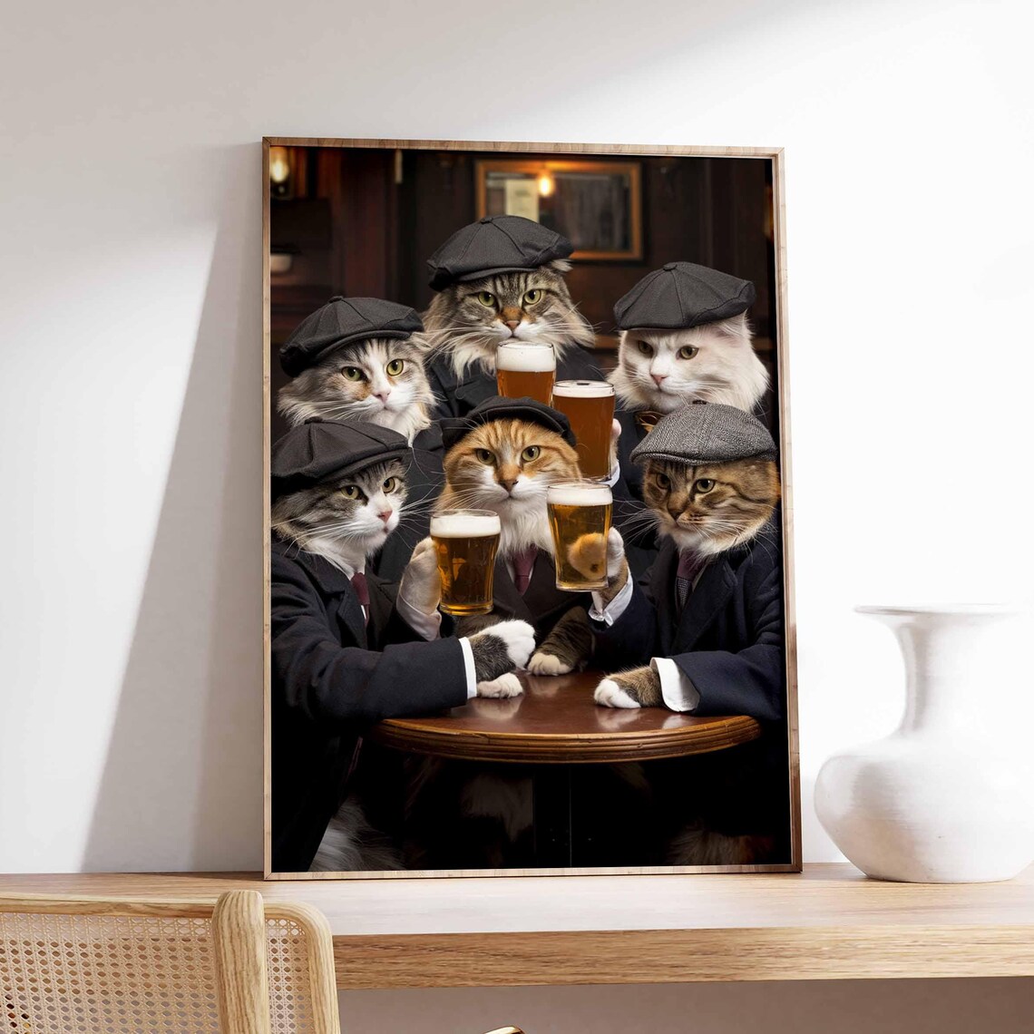 Cats in Flat Caps and Suits Raising Beer Glasses at Pub Funny Poster