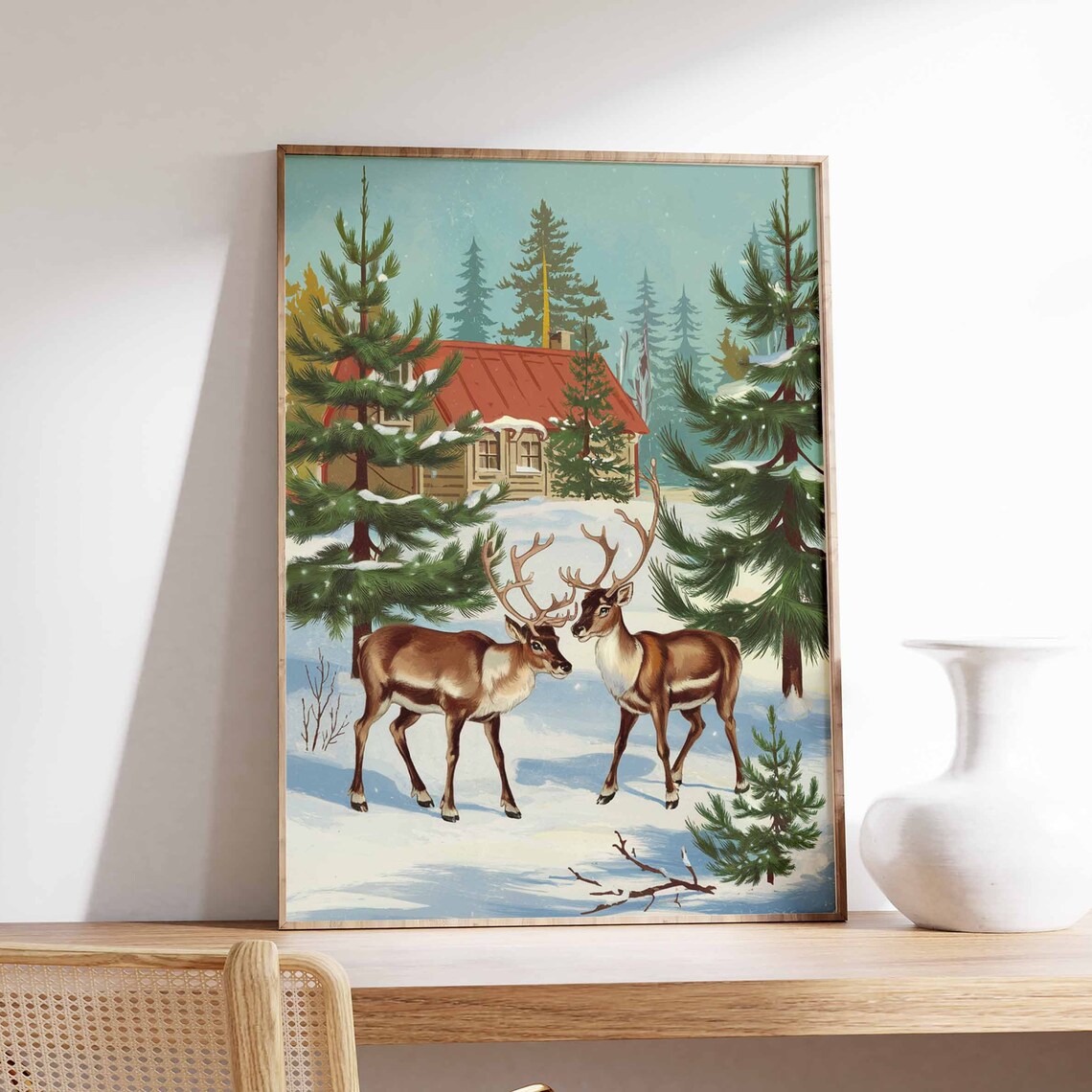 Vintage Reindeer Cabin Snowy Forest Christmas Winter Art Poster