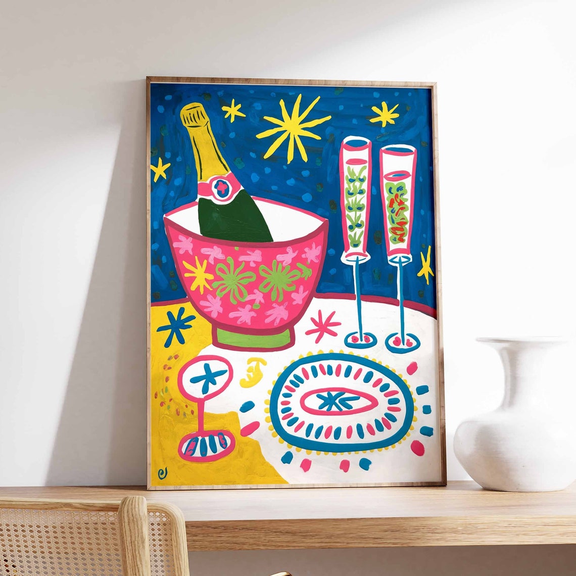 Champagne Bottle In Patterned Ice Bucket With Two Flutes Party Poster