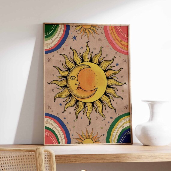 Retro 70s Groovy Sun And Moon Face Colorful Celestial Poster