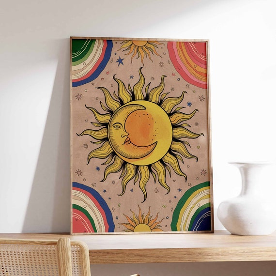 Sun And Moon Poster Celestial Poster Spiritual Decor Vintage Poster Retro Print 70s Poster Boho Poster Mystical Art Meditation Art