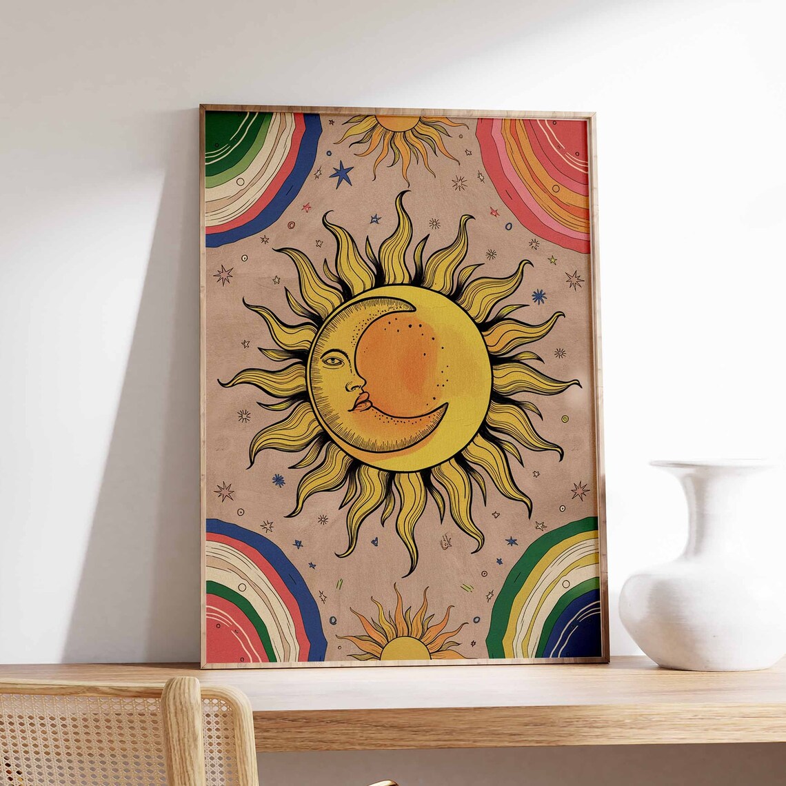 Retro 70s Groovy Sun And Moon Face Colorful Celestial Poster