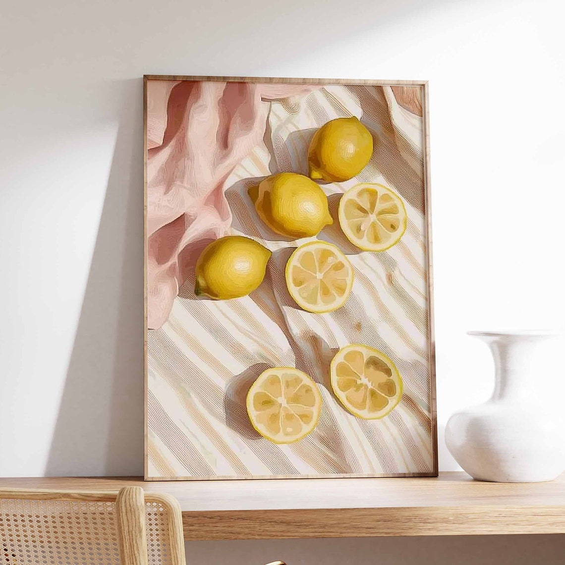 Modern Lemons Beige Striped Linen Soft Neutral Kitchen Art Poster