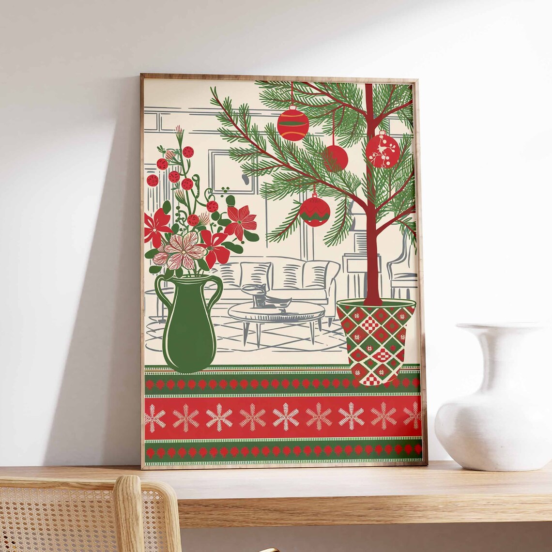 Cozy Red Green Christmas Tree Scandinavian Knit Border Art Poster