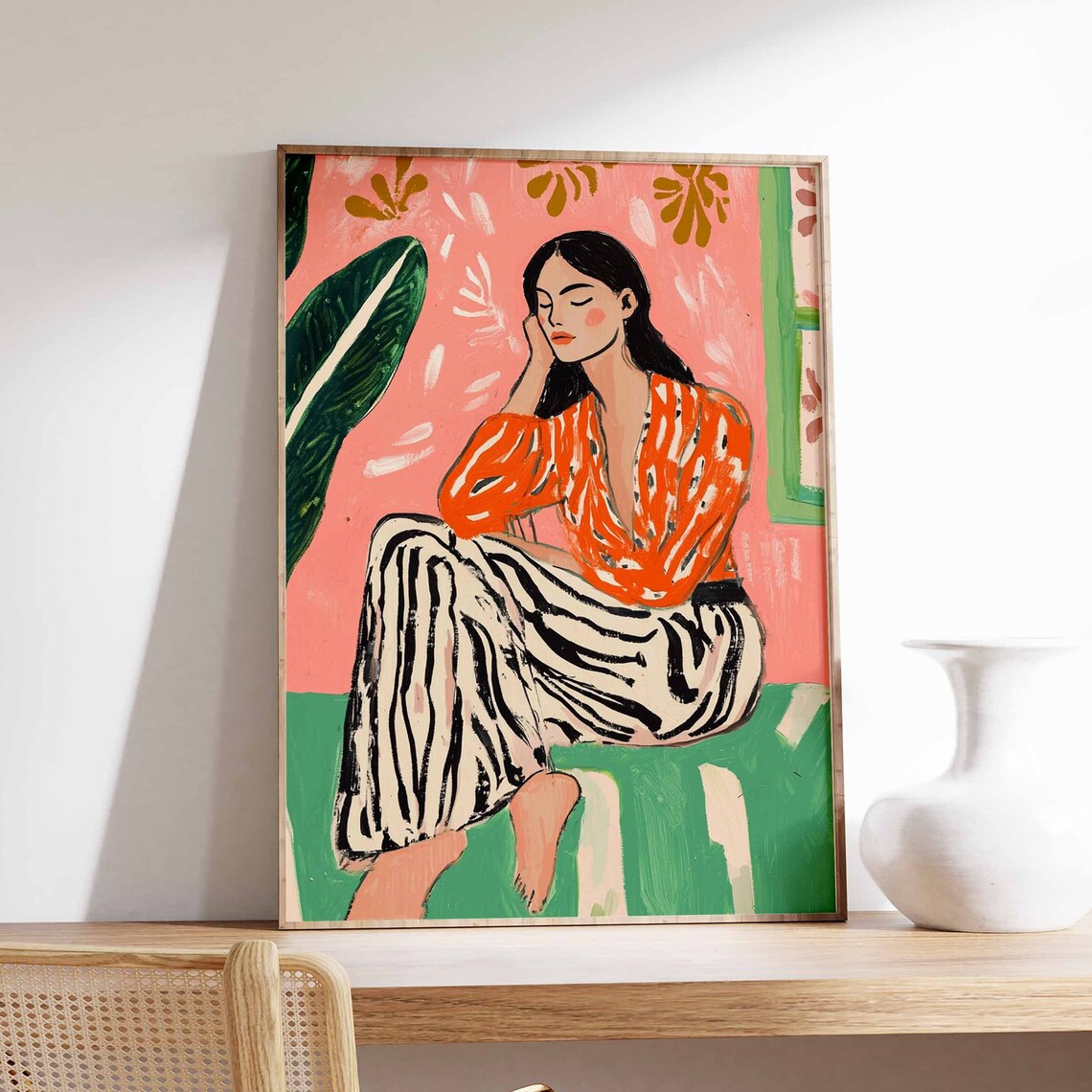 Woman Resting Head on Hand Dreamy Colorful Botanical Art Poster