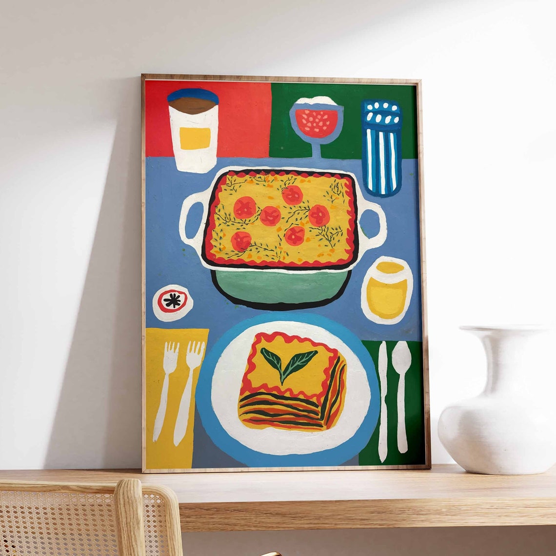 Italian Lasagne Baking Dish Dinner Scene Retro Kitchen Art Poster