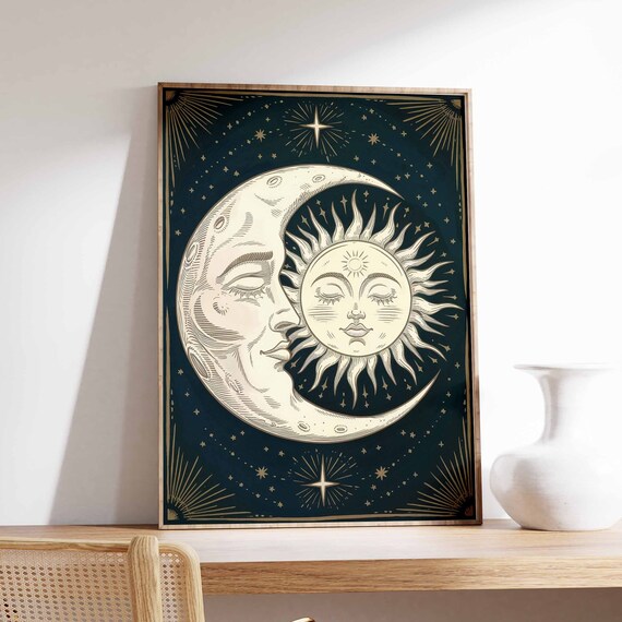 Moon And Sun Faces Navy Celestial Engraving Stars Poster Vintage