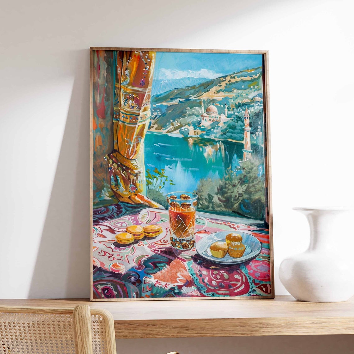 Islamic Tea Still Life Mosque Lake View Paisley Table Art Poster