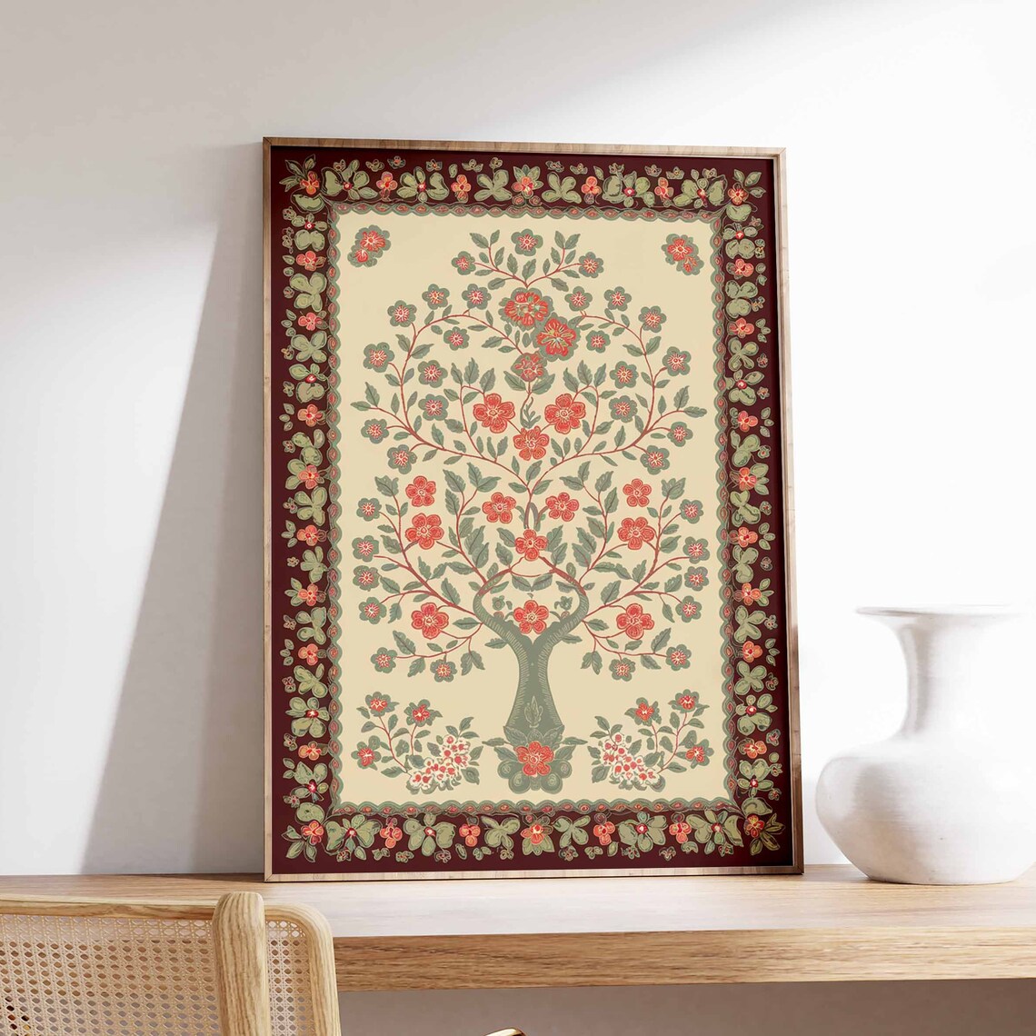 Coral Bloom Indian Tree of Life Maroon Garland Poster Floral Decor