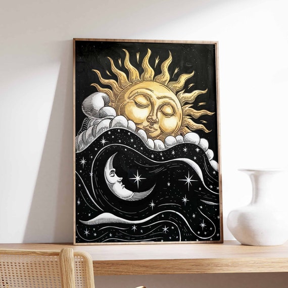 Sun And Moon Poster Celestial Poster Spiritual Decor Vintage Poster Bohemian Decor Boho Wall Decor Mystical Wall Art Meditation Print