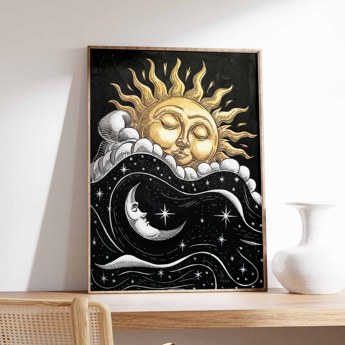Golden Sun Black Night Waves Moon Celestial Illustration Poster