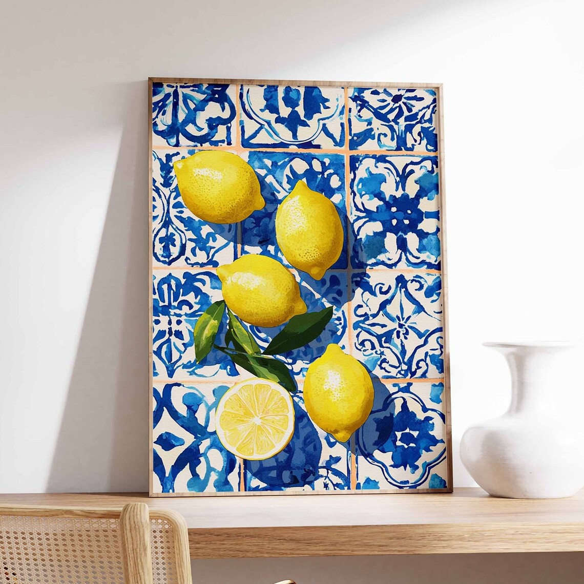 Fresh Juicy Lemons and Lemon Slice Blue White Tile Art Poster
