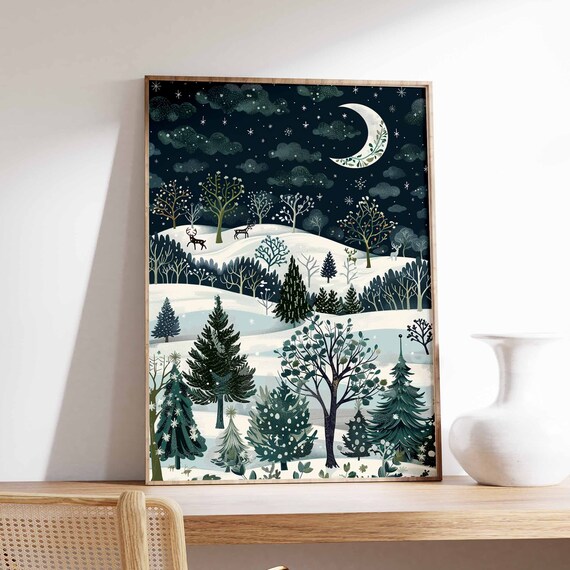 Moonlit Winter Forest Night With Deer Under Crescent Moon Poster