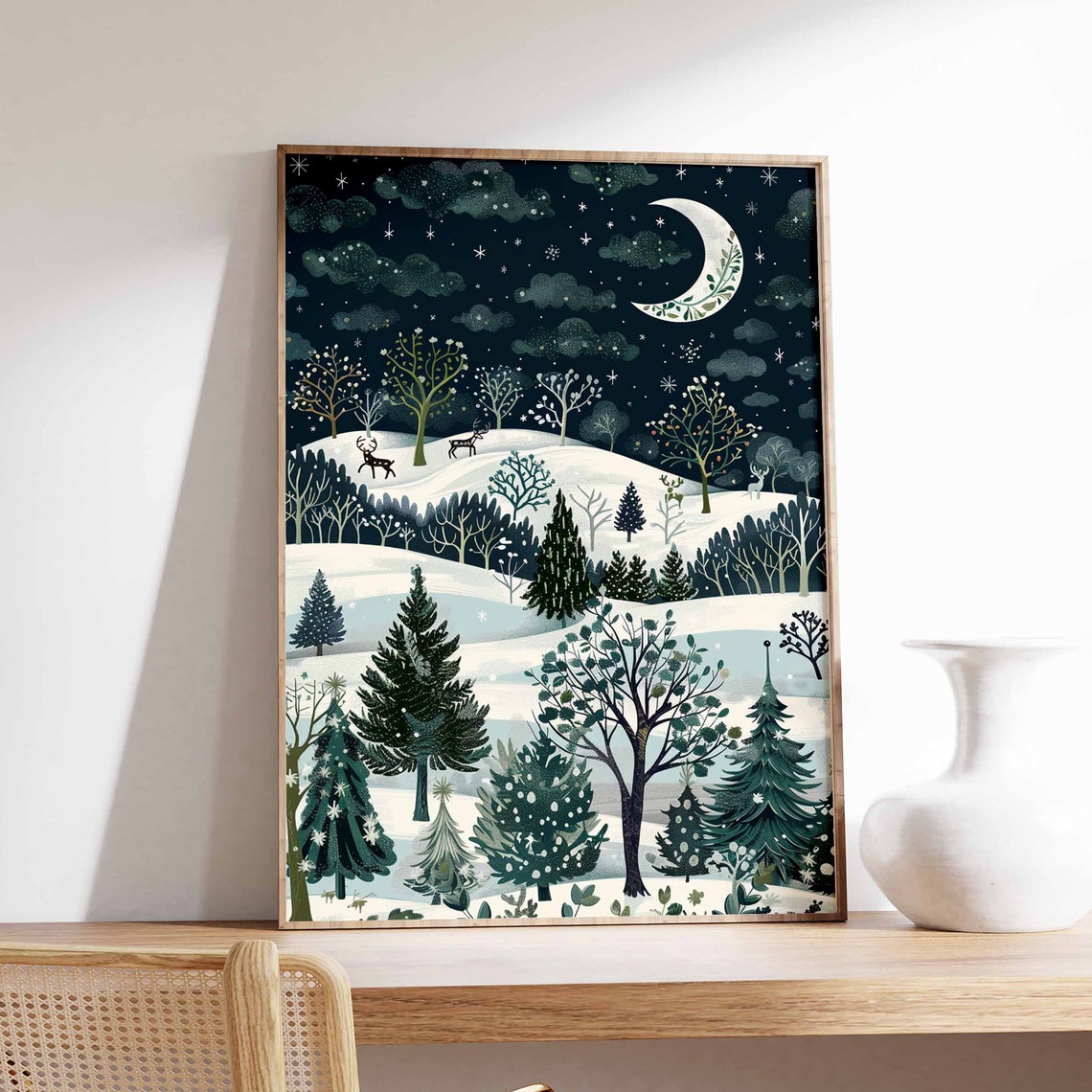 Moonlit Winter Forest Night With Deer Under Crescent Moon Poster