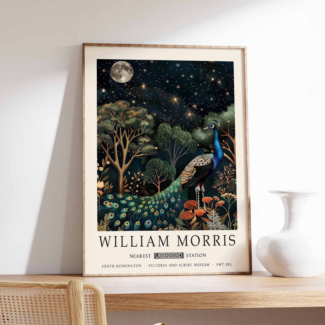 William Morris Peacock Under Starry Moonlit Night Sky Poster