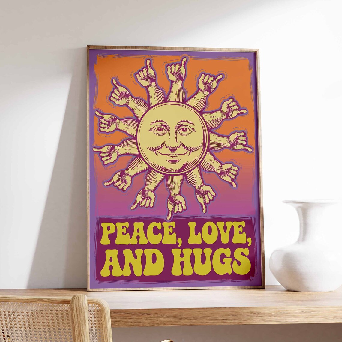 Peace Love and Hugs Vintage Sun Engraving Warm Orange Boho Poster