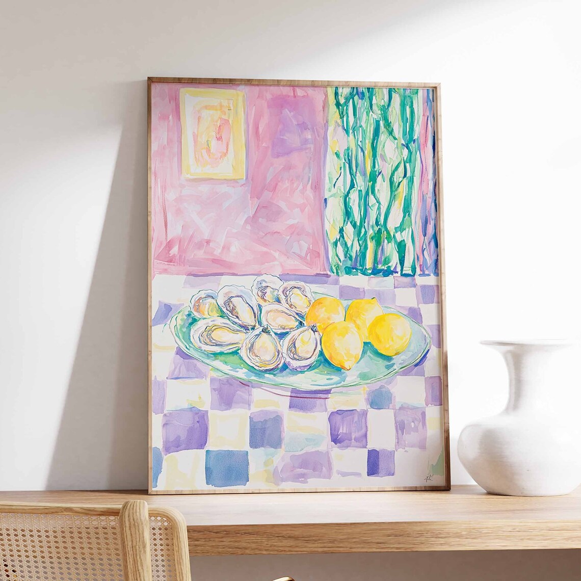 Watercolor Oysters and Lemons Purple Gingham Cafe Table Wall Art