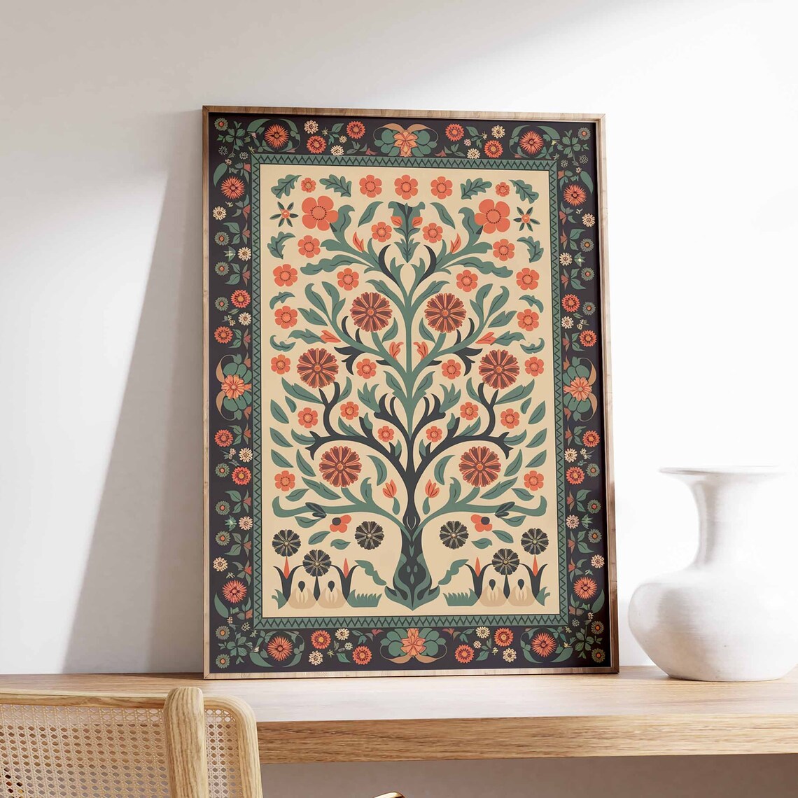 Teal Leaf Indian Tree of Life Rust Bloom Dark Border Poster Moody Art