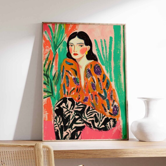 Woman in Orange Floral Robe Elegant Modern Portrait Art Poster