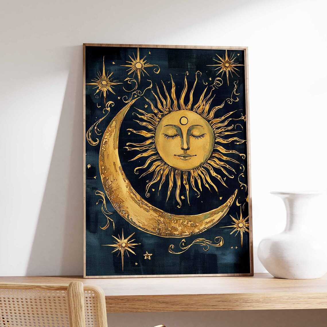 Gold Sun Face And Crescent Moon On Deep Navy Starfield Poster