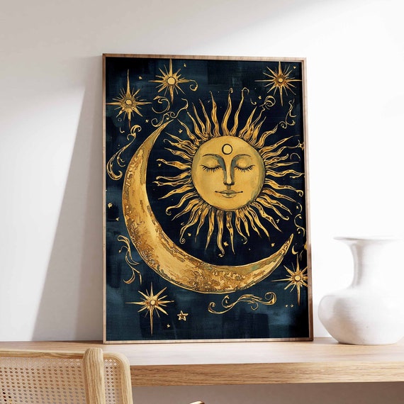 Sun And Moon Poster Celestial Poster Spiritual Decor Vintage Poster Retro Print 70s Poster Boho Poster Mystical Art Meditation Art