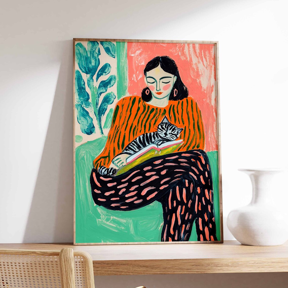 Woman Reading With Sleeping Kitten Colorful Botanical Art Poster