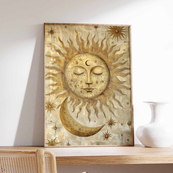 Gentle Golden Sun Face Above Crescent Moon Aged Parchment Poster