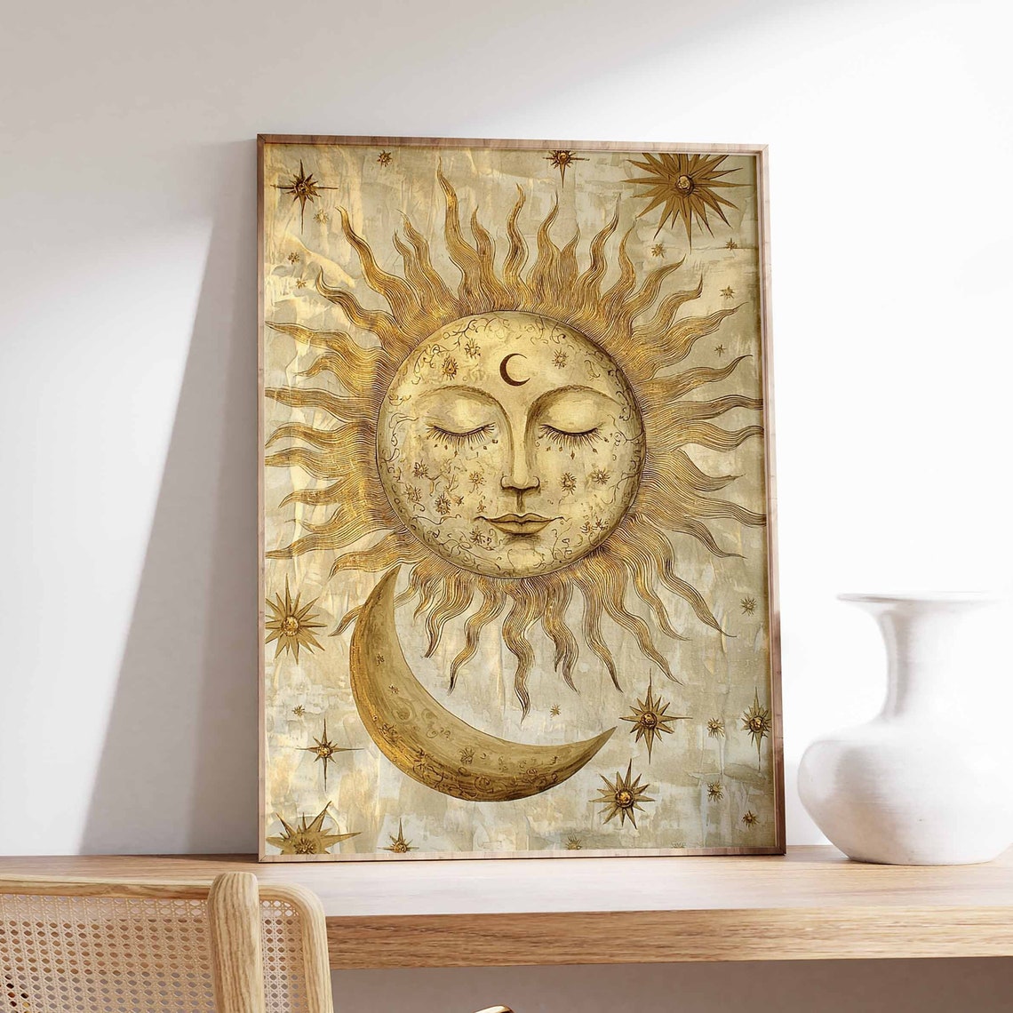 Gentle Golden Sun Face Above Crescent Moon Aged Parchment Poster